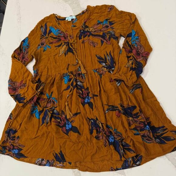 She + Sky Floral Tassle V-Neck Peasant Blouse Women’s Medium Mustard Yellow Boho - Picture 2 of 6